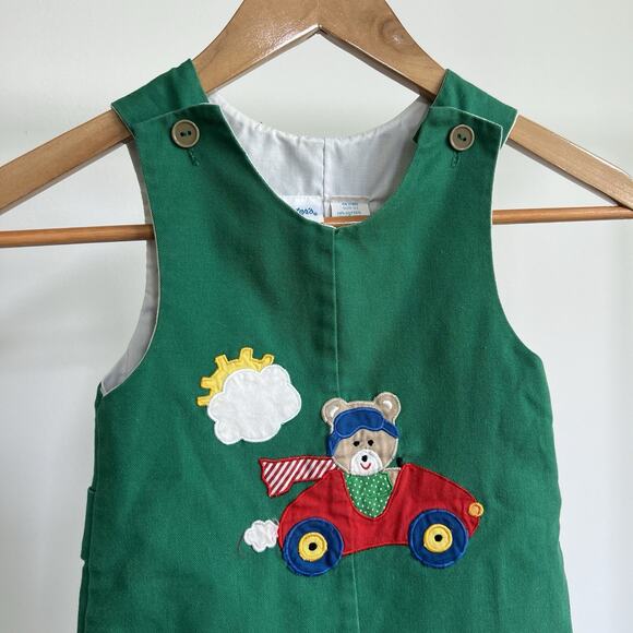 Rare Vintage Carter's Romper Shortalls Size 3t Green Teddy Bear Race Car Outfit - Picture 2 of 7